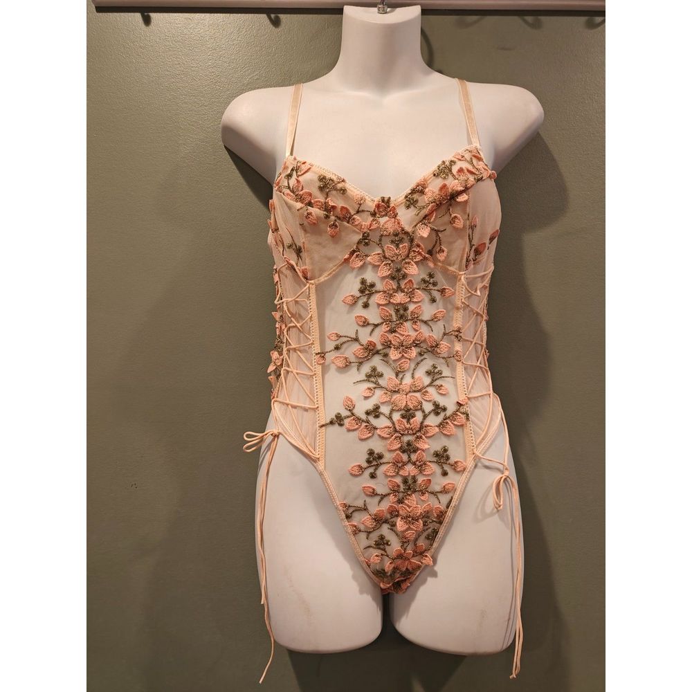 Embroidered Peach Lace-Up Sheer Teddy